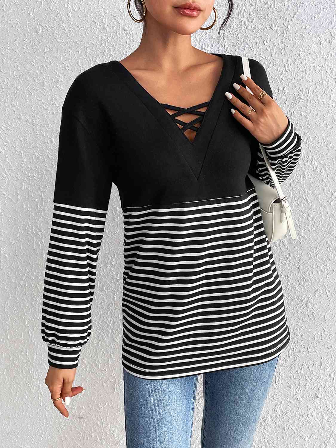 Striped Crisscross V-Neck Long Sleeve T-Shirt