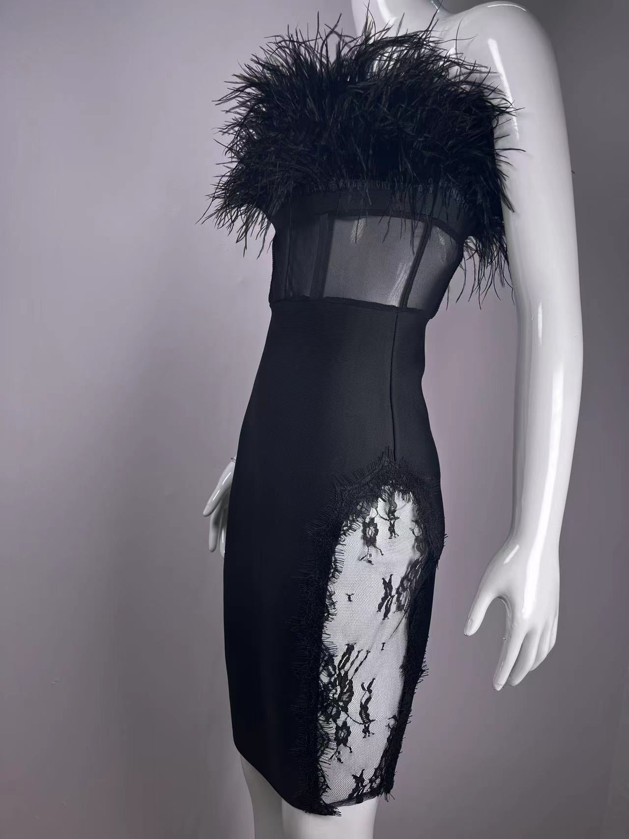 Feather Top and Mesh Lace Bandage Dress