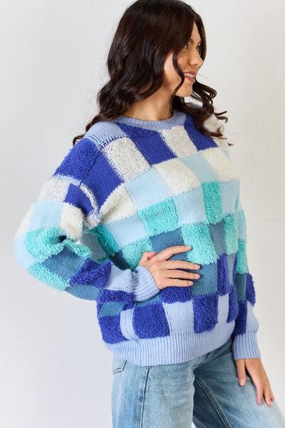 Checkered Round Neck Long Sleeve Sweater