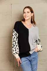 Leopard Color Block V-Neck Tunic Pullover Sweater