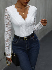 Perfee V-Neck Long Sleeve Lace Bodysuit