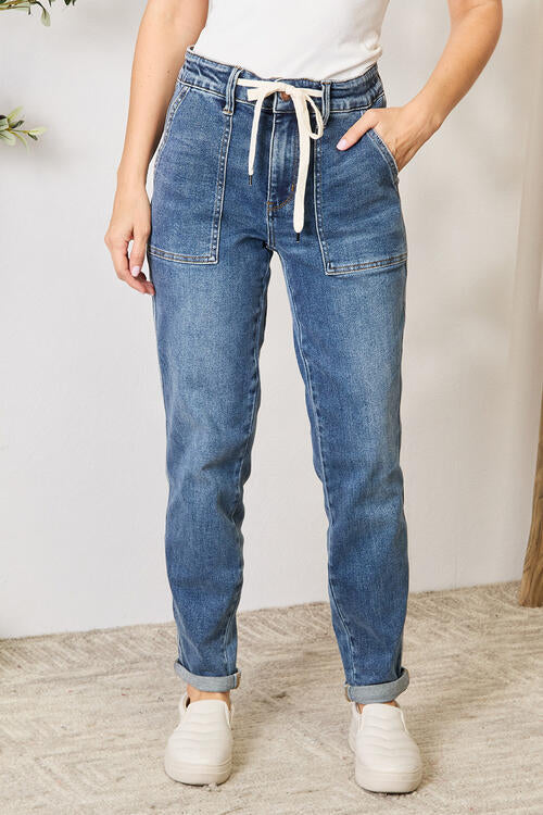 Full Size High Waist Drawstring Denim Jeans