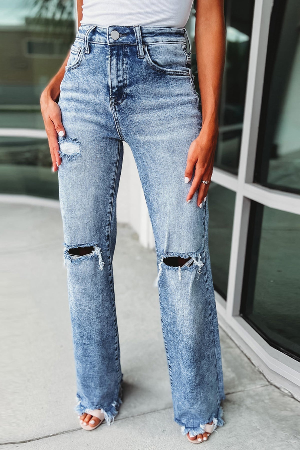 Sky Blue Washed Ripped Wide Leg High Waist Jeans