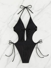 Textured Cutout Tied One-Piece Swimwear