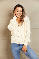 Button Front Ribbed Lantern Sleeve Cardigan