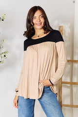 Contrast Long Sleeve Ruched Blouse