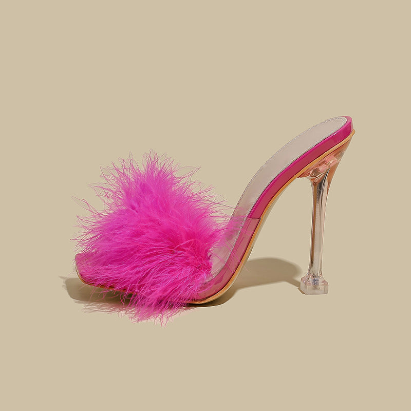 Furry Transparent Broadband Crystal Heels