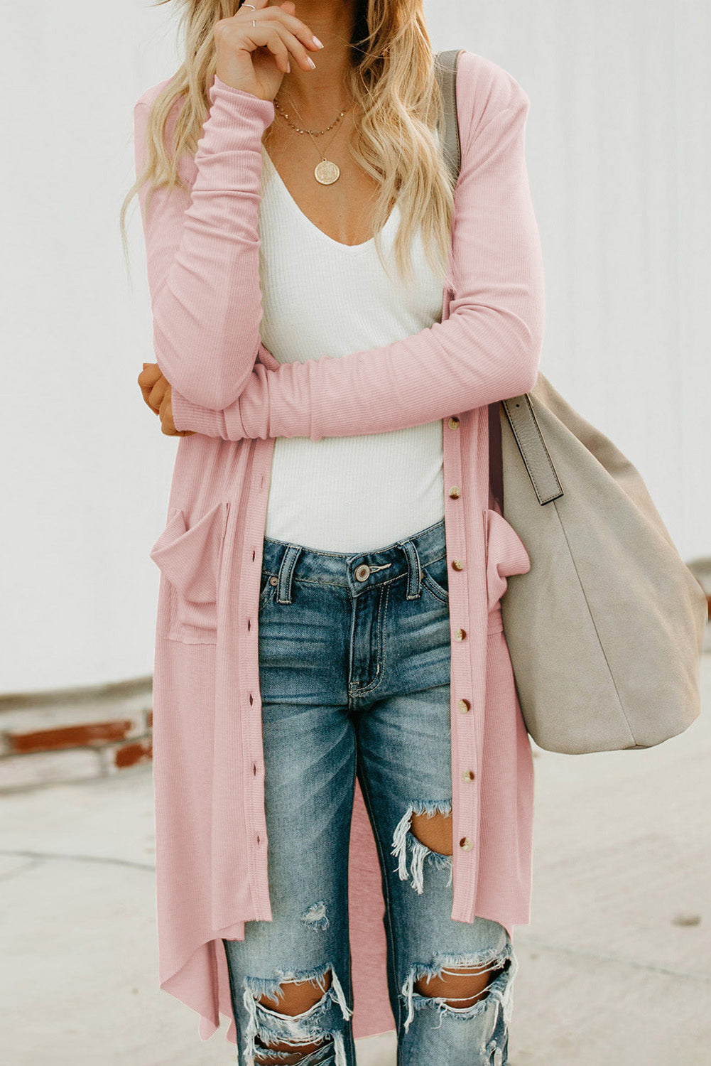 V-Neck Long Sleeve Cardigan with Pocket