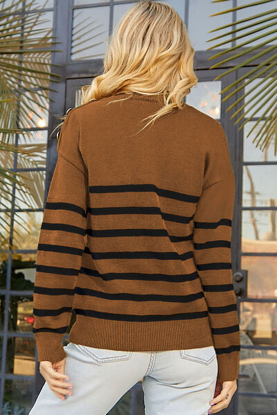 Striped Decorative Button Mock Neck Sweater