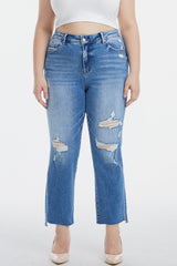 Mid Waist Distressed Ripped Straight Jeans