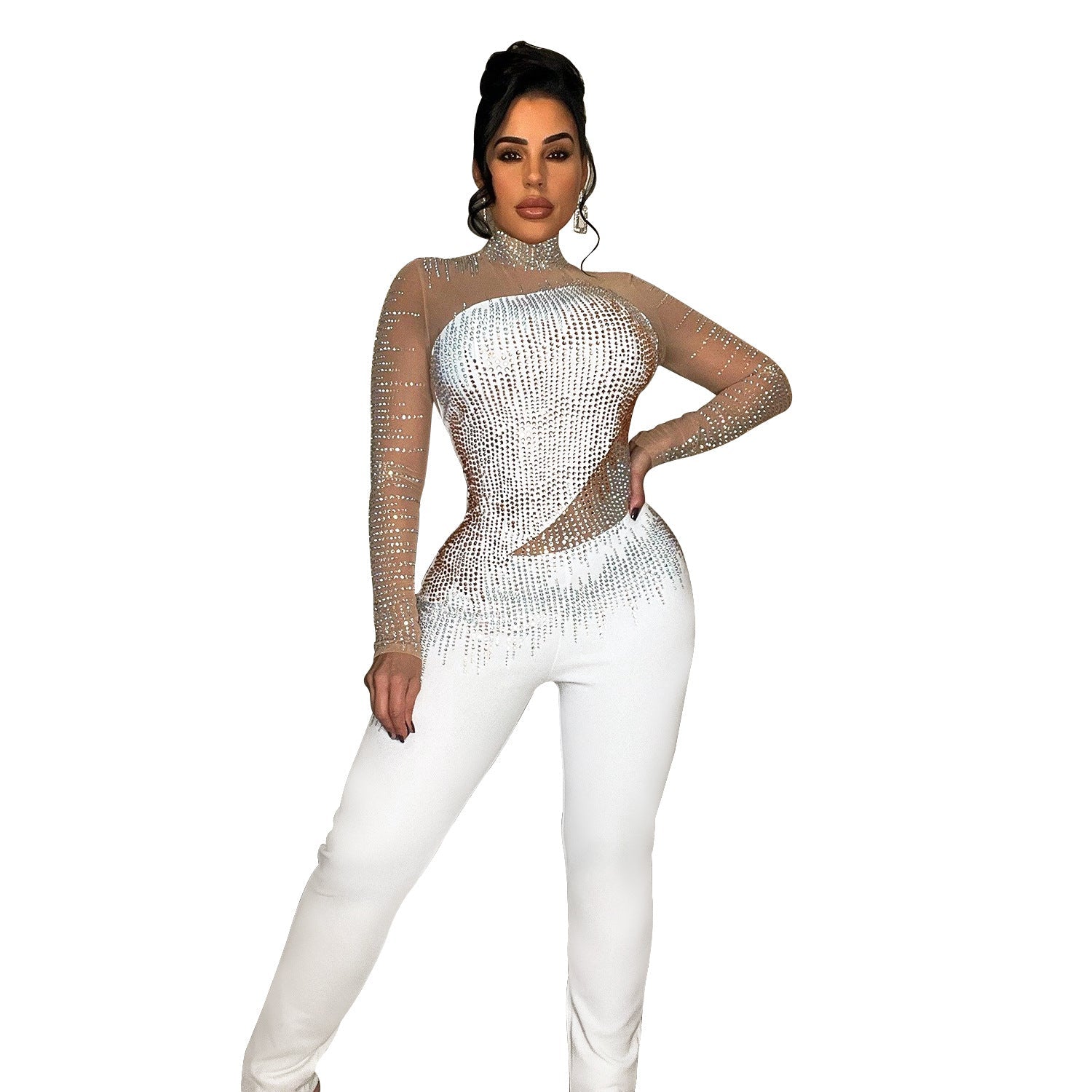 Pure Color Mesh Rhinestone Jumpsuit