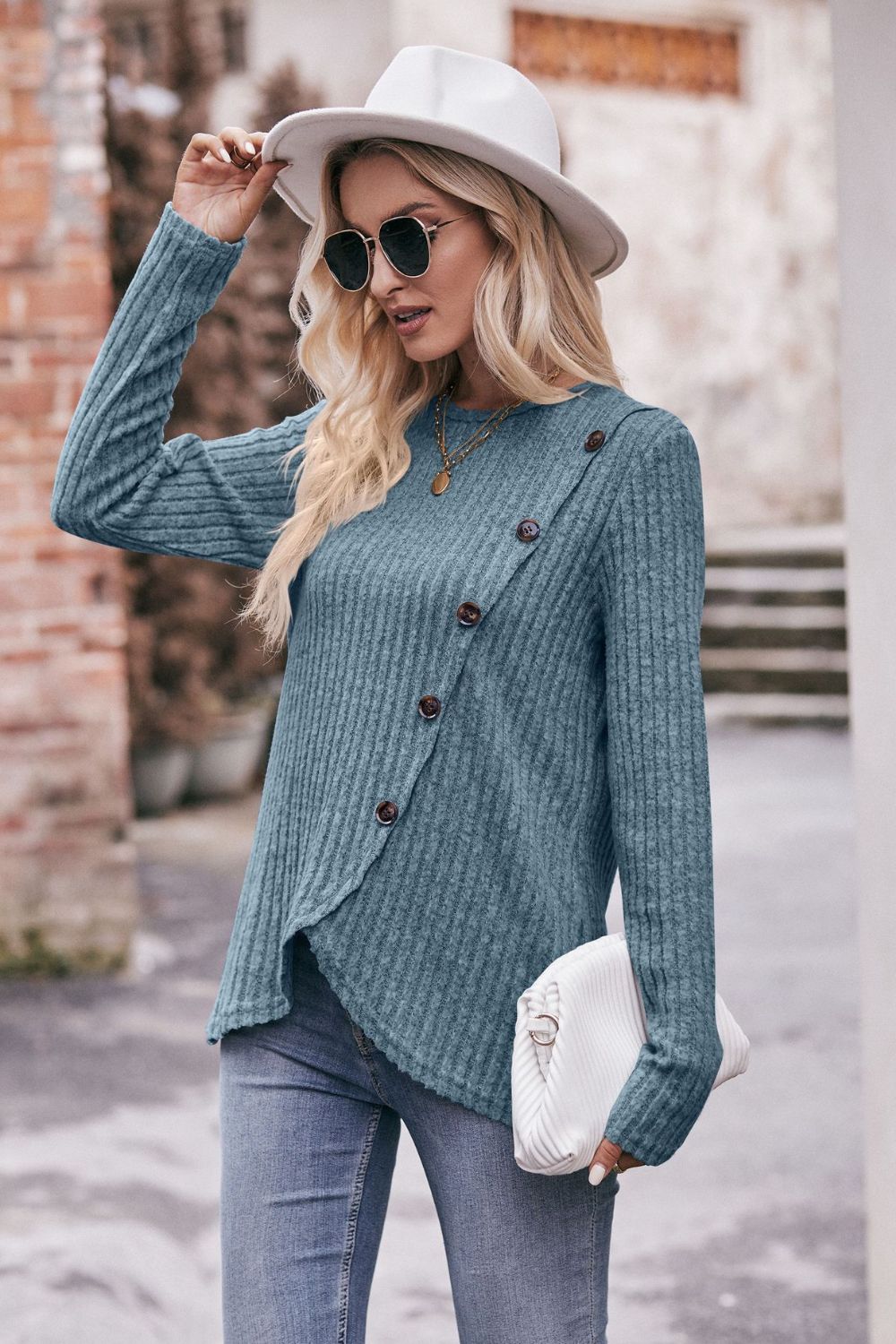 Double Take Ribbed Round Neck Buttoned Long Sleeve Tee