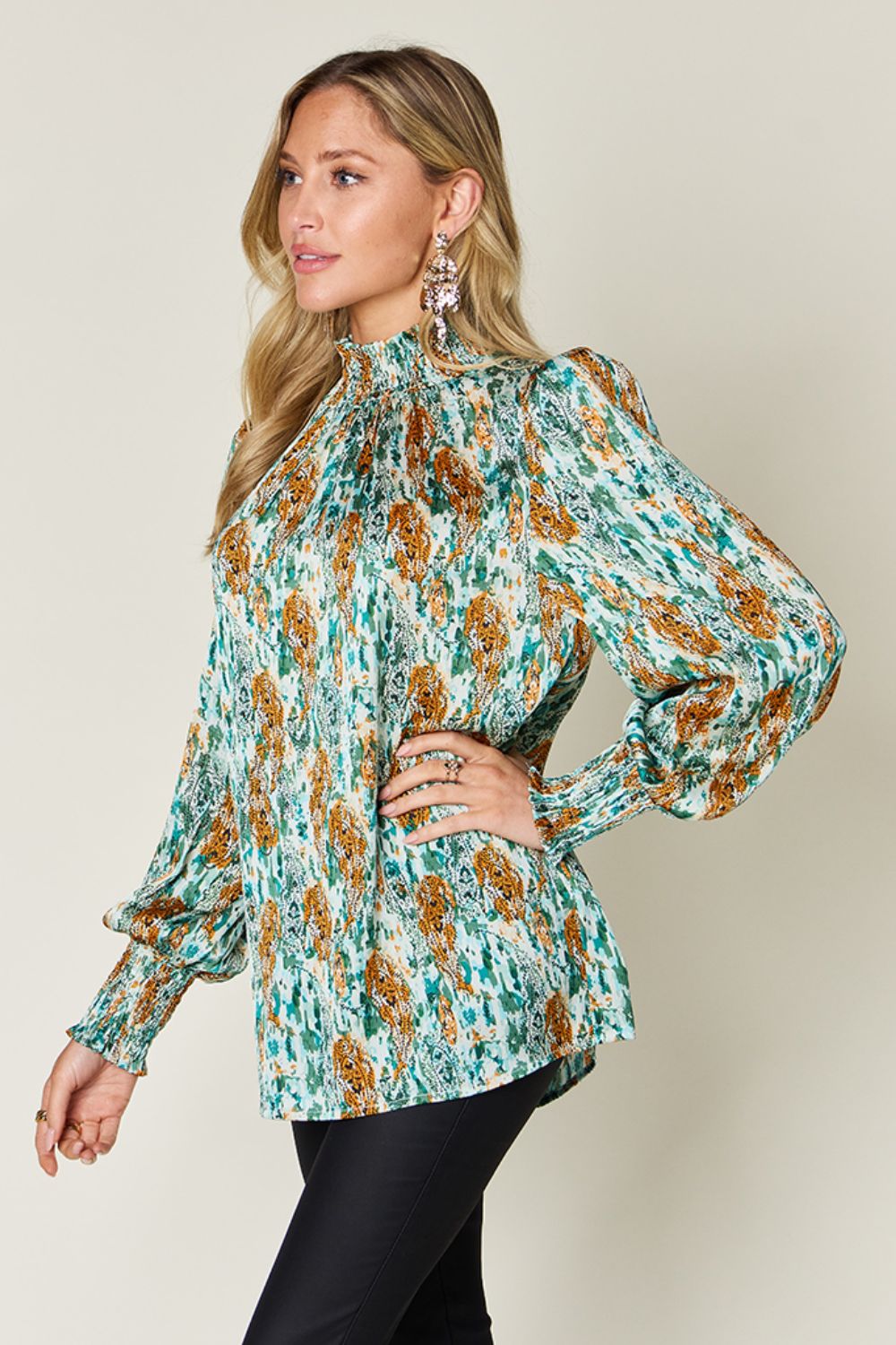 Full Size Printed Smocked Long Sleeve Blouse