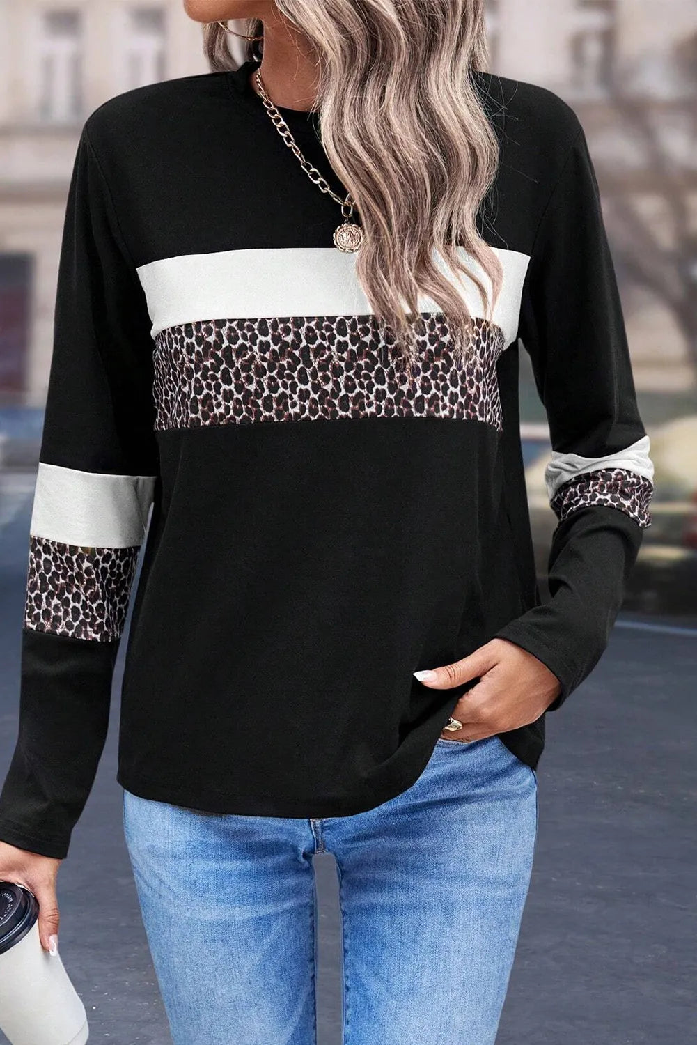 Leopard Round Neck Long Sleeve Blouse