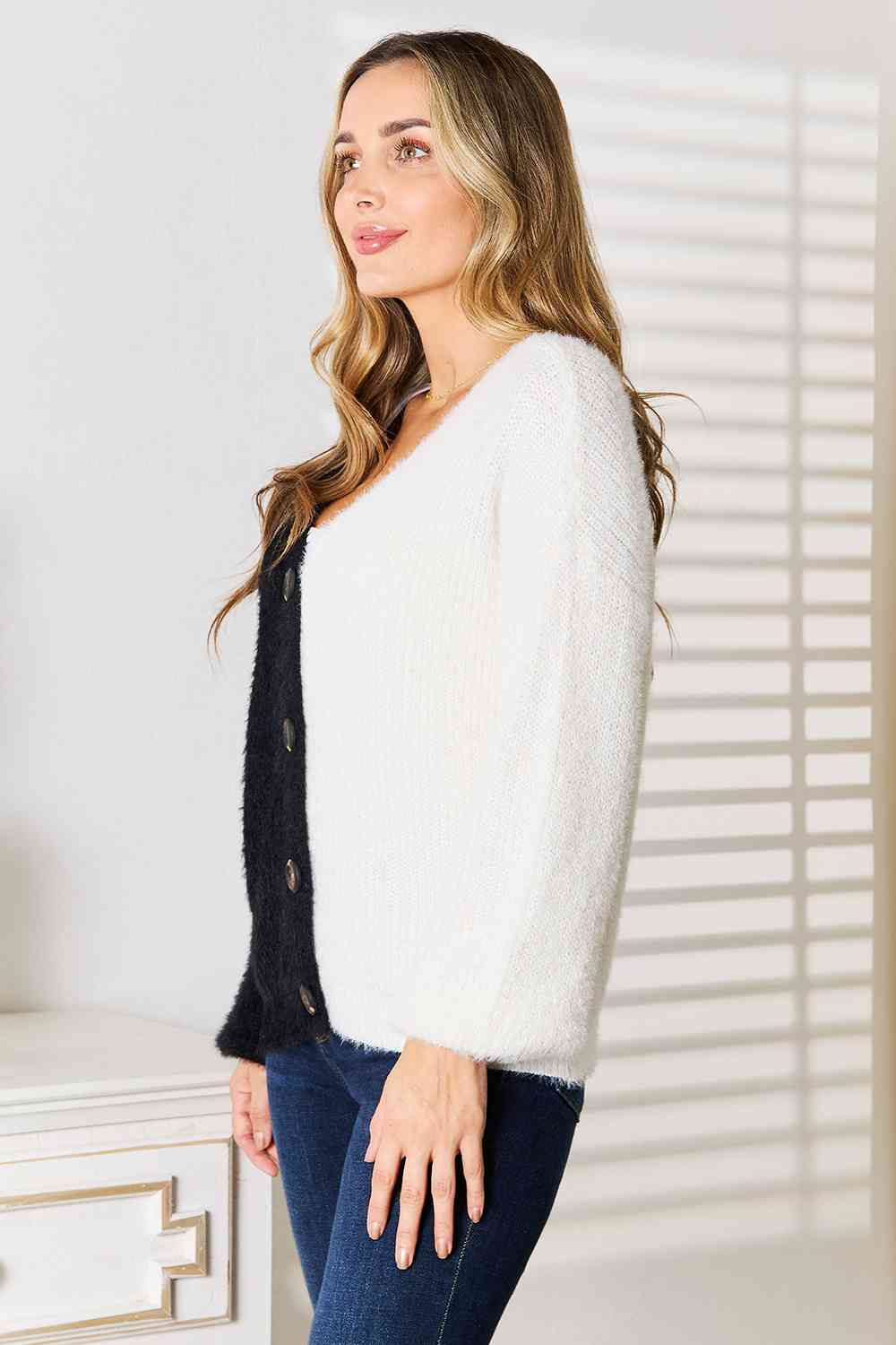 Radiant Contrast Button-Front V-Neck Cardigan