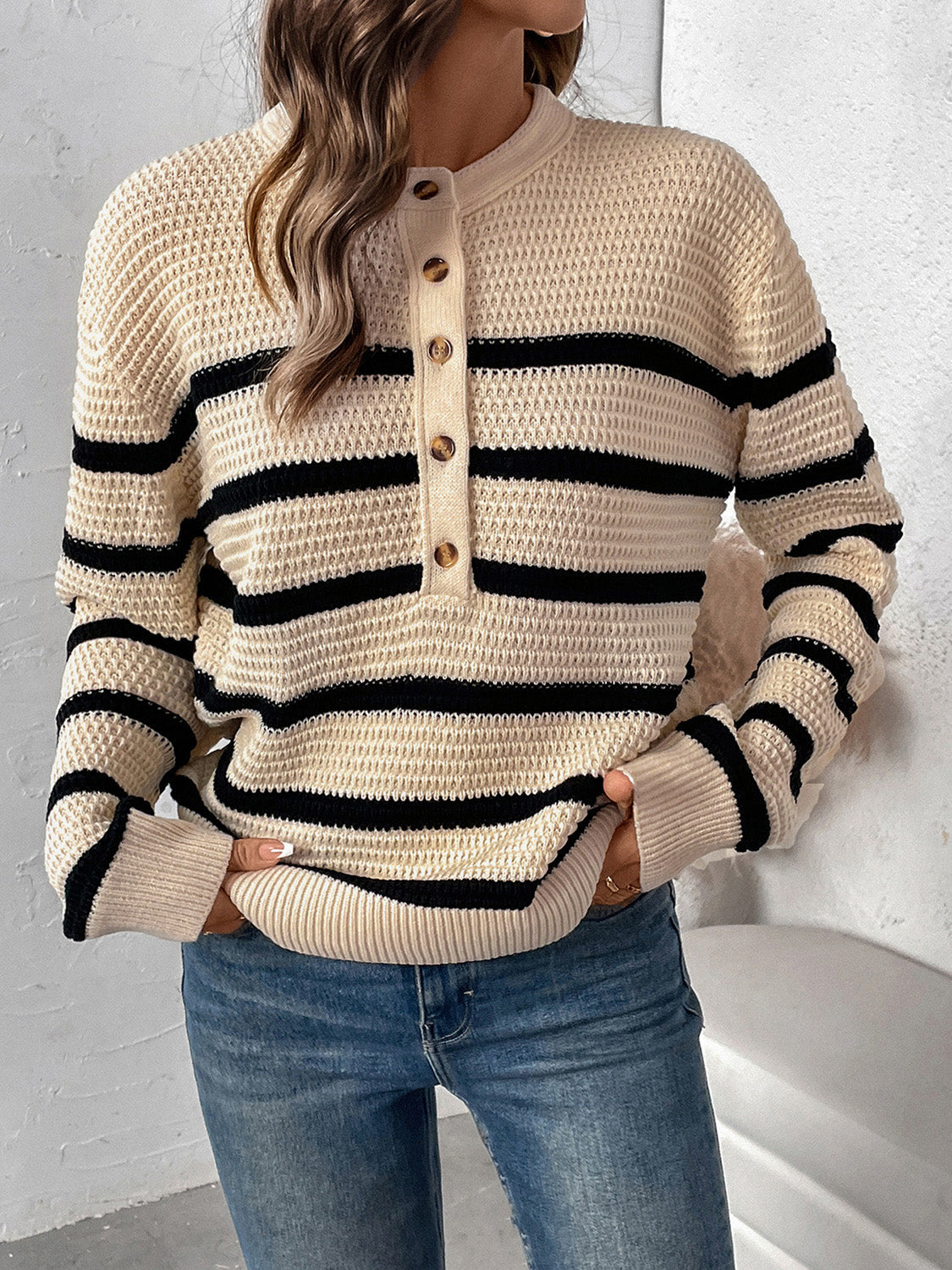 Perfee Striped Half Button Long Sleeve Sweater