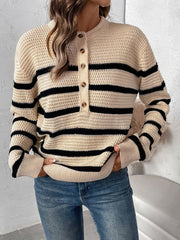 Perfee Striped Half Button Long Sleeve Sweater