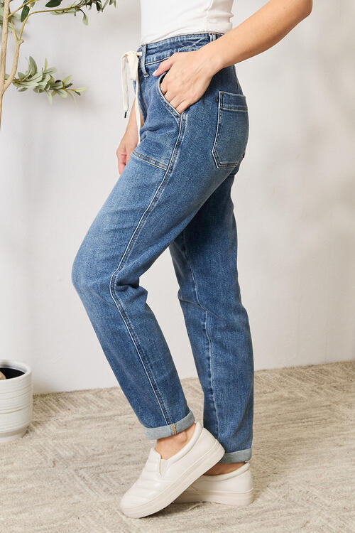 Full Size High Waist Drawstring Denim Jeans