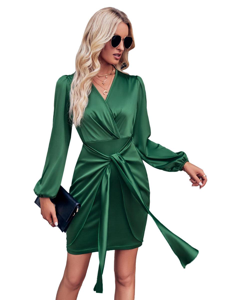 Solid Wrapped Balloon Sleeve Tie Waist Dress