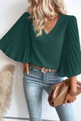 Pleated Flutter Sleeve V-Neck Blouse