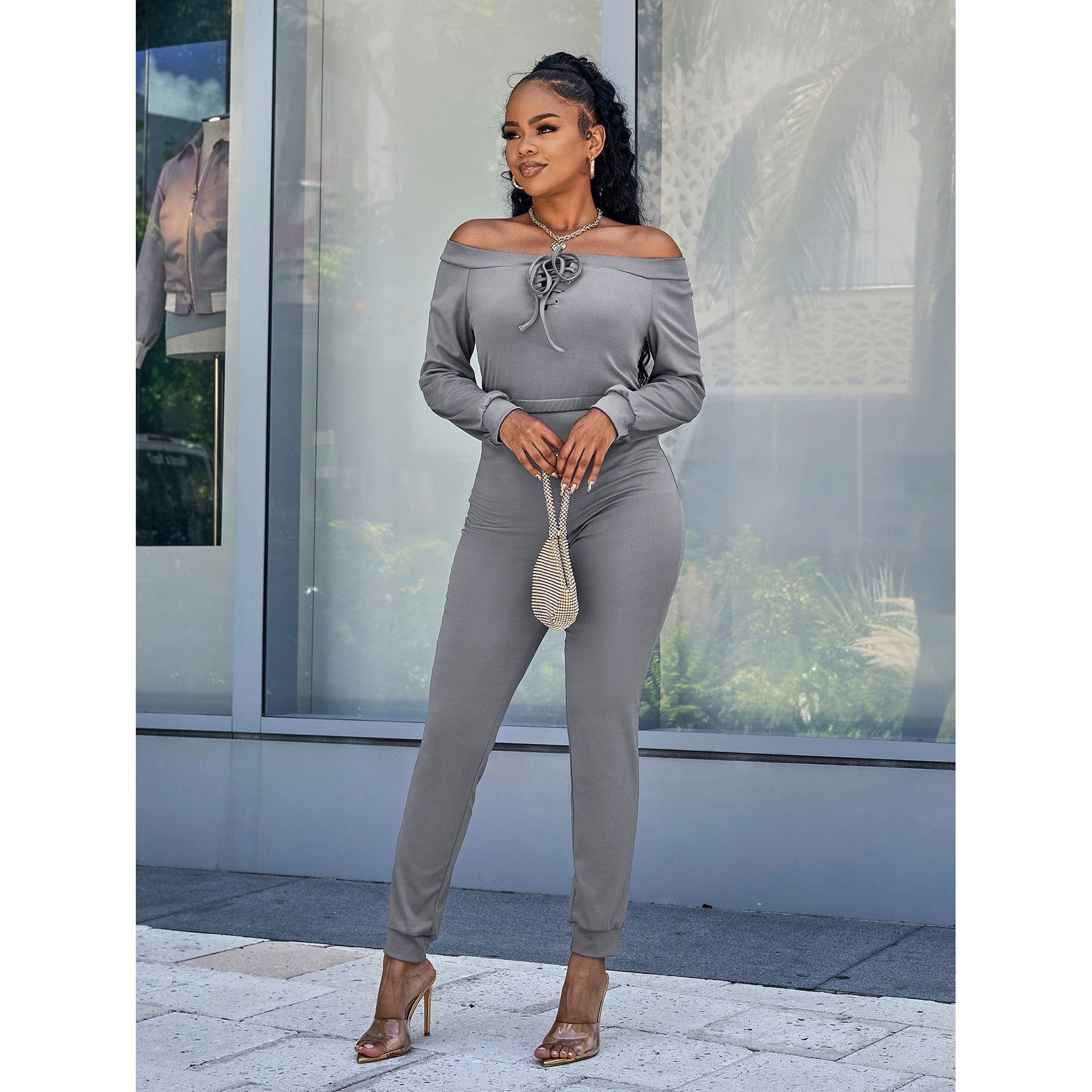 Lace-Up Off-Shoulder Long Sleeve Jumpsuit