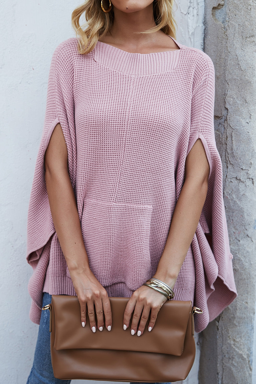 Waffle-Knit Pocketed Cape Sleeve Sweater