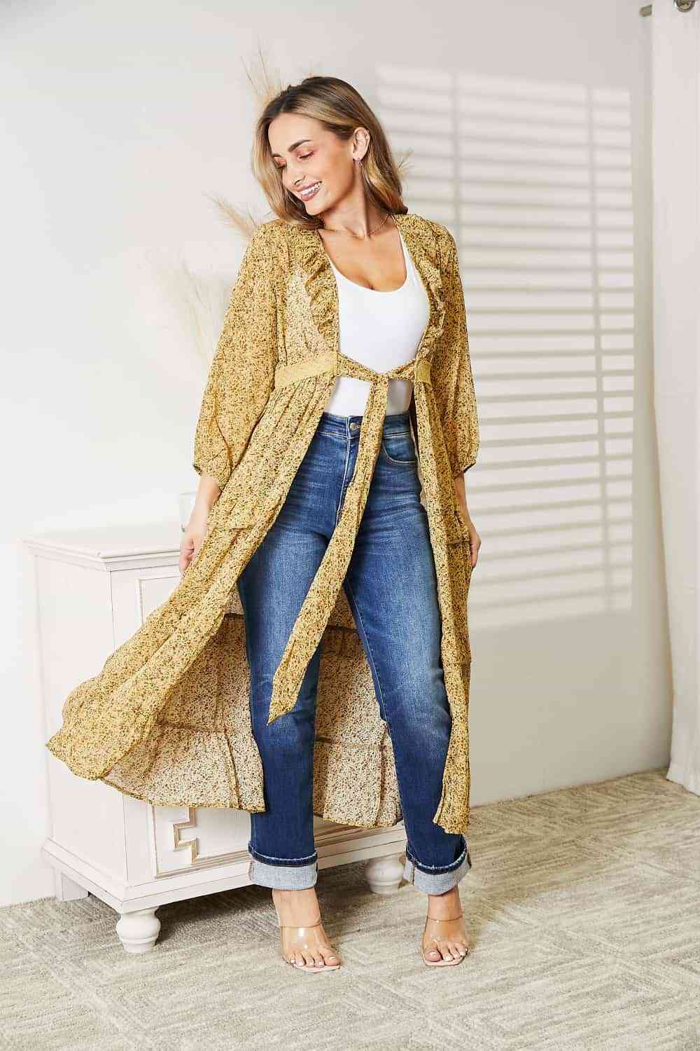 Full Size Tie Front Ruffled Duster Cardigan