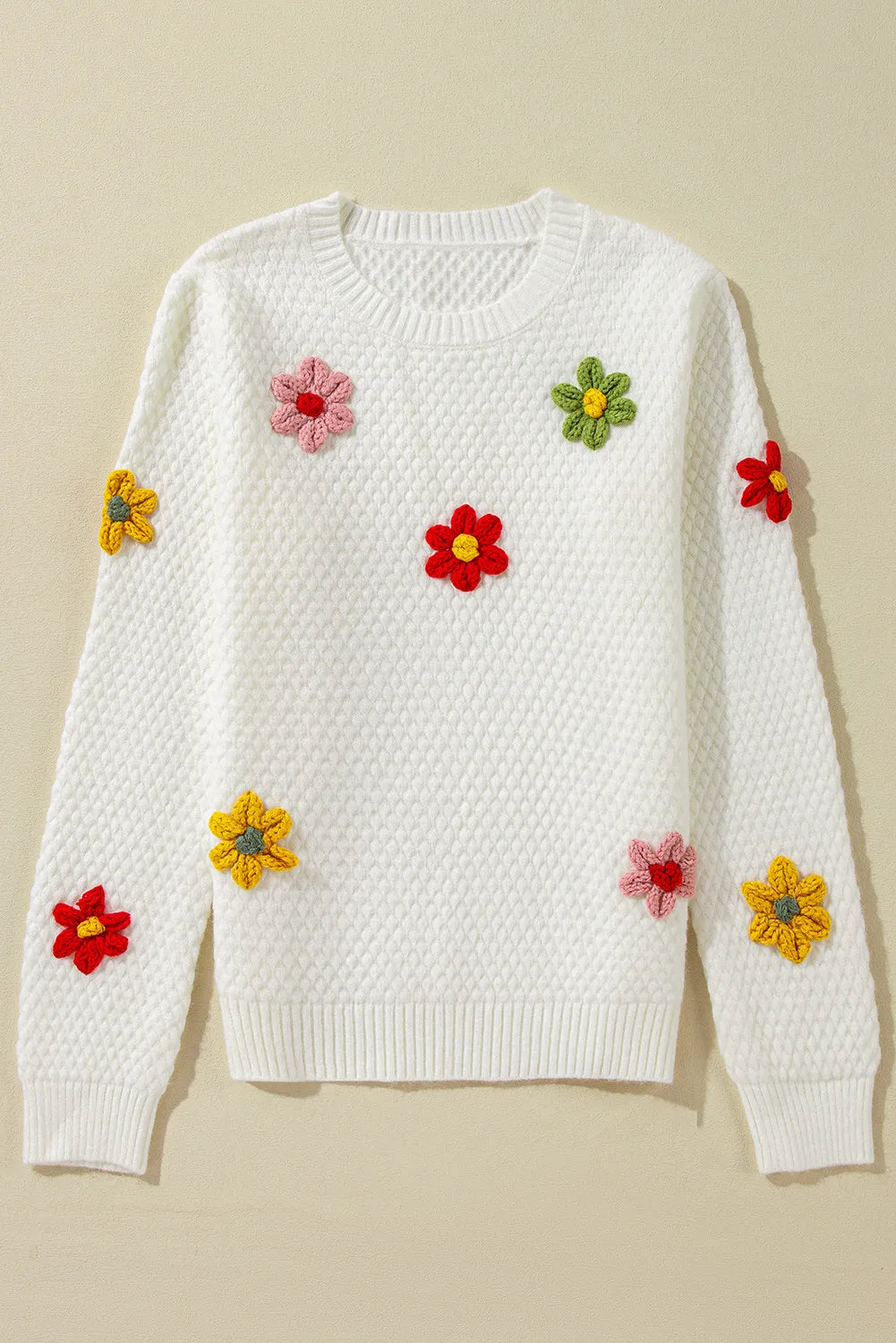 Crochet Flower Round Neck Sweater