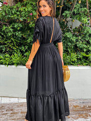 Plunge Neck Tie Sleeve Maxi Dress