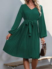 Perfee Lace V-Neck Long Sleeve Pleated Dress