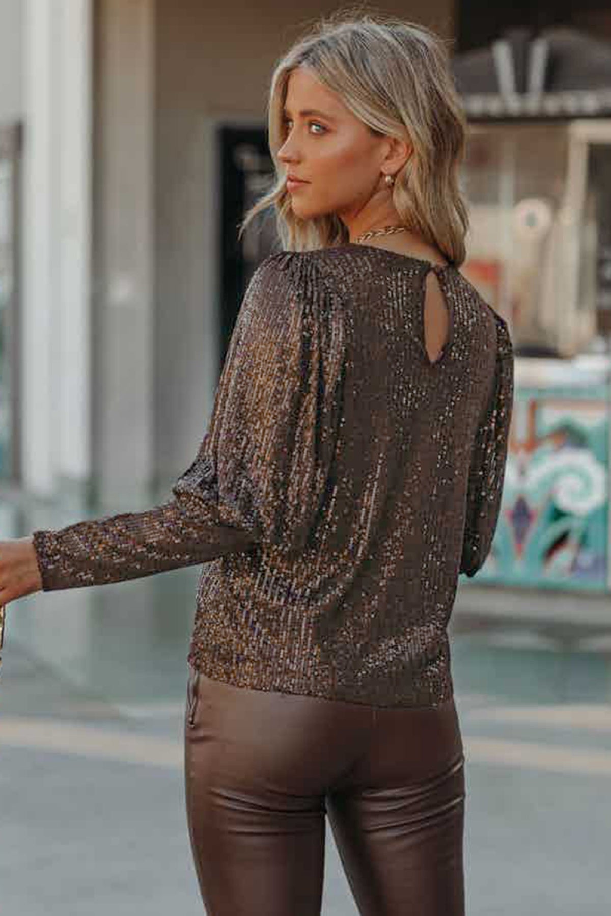 Brown Cuffed Sequin Top