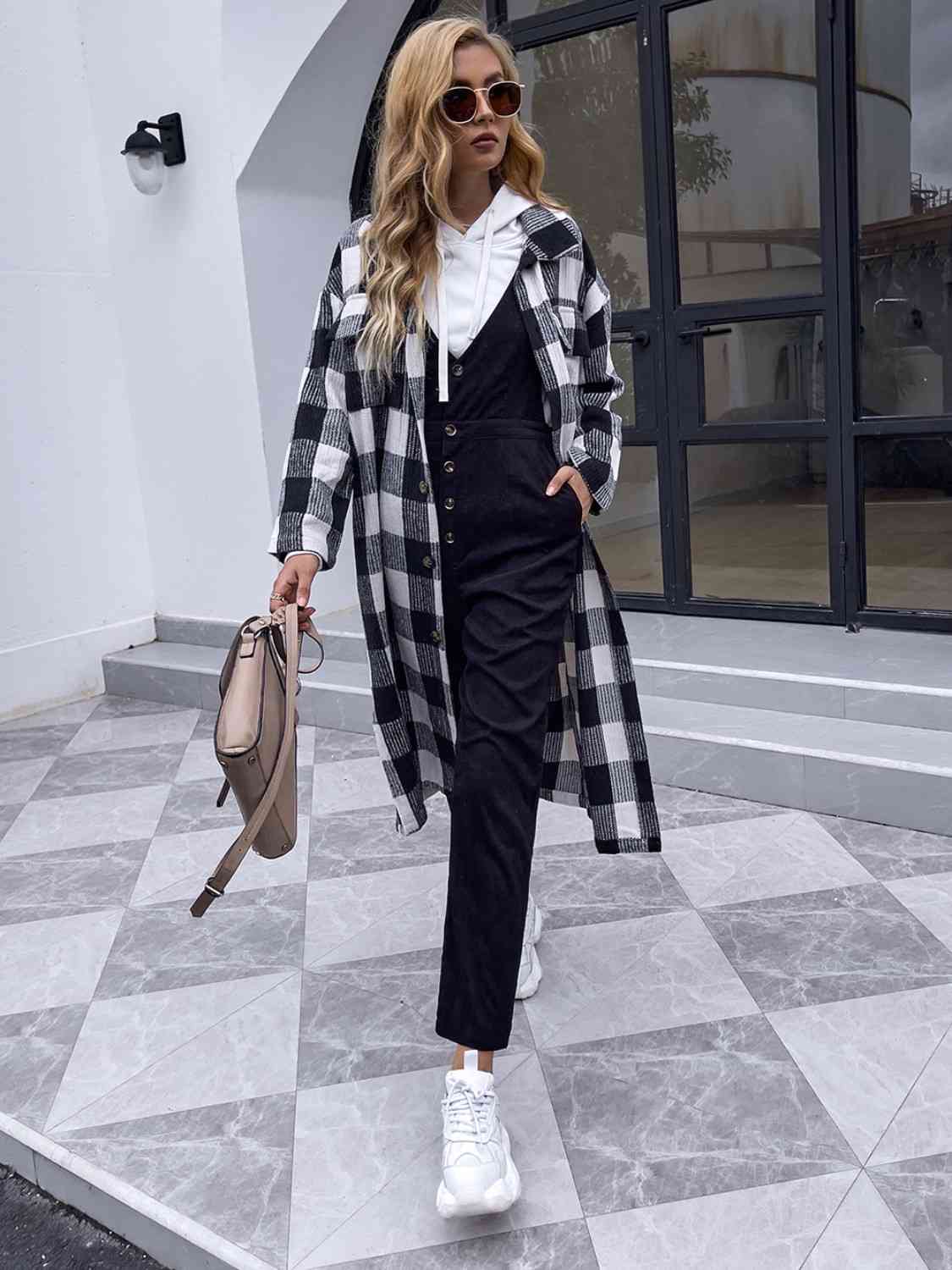 Plaid Collared Neck Slit Longline Coat