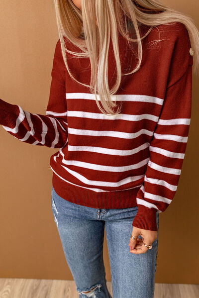 Striped Decorative Button Mock Neck Sweater