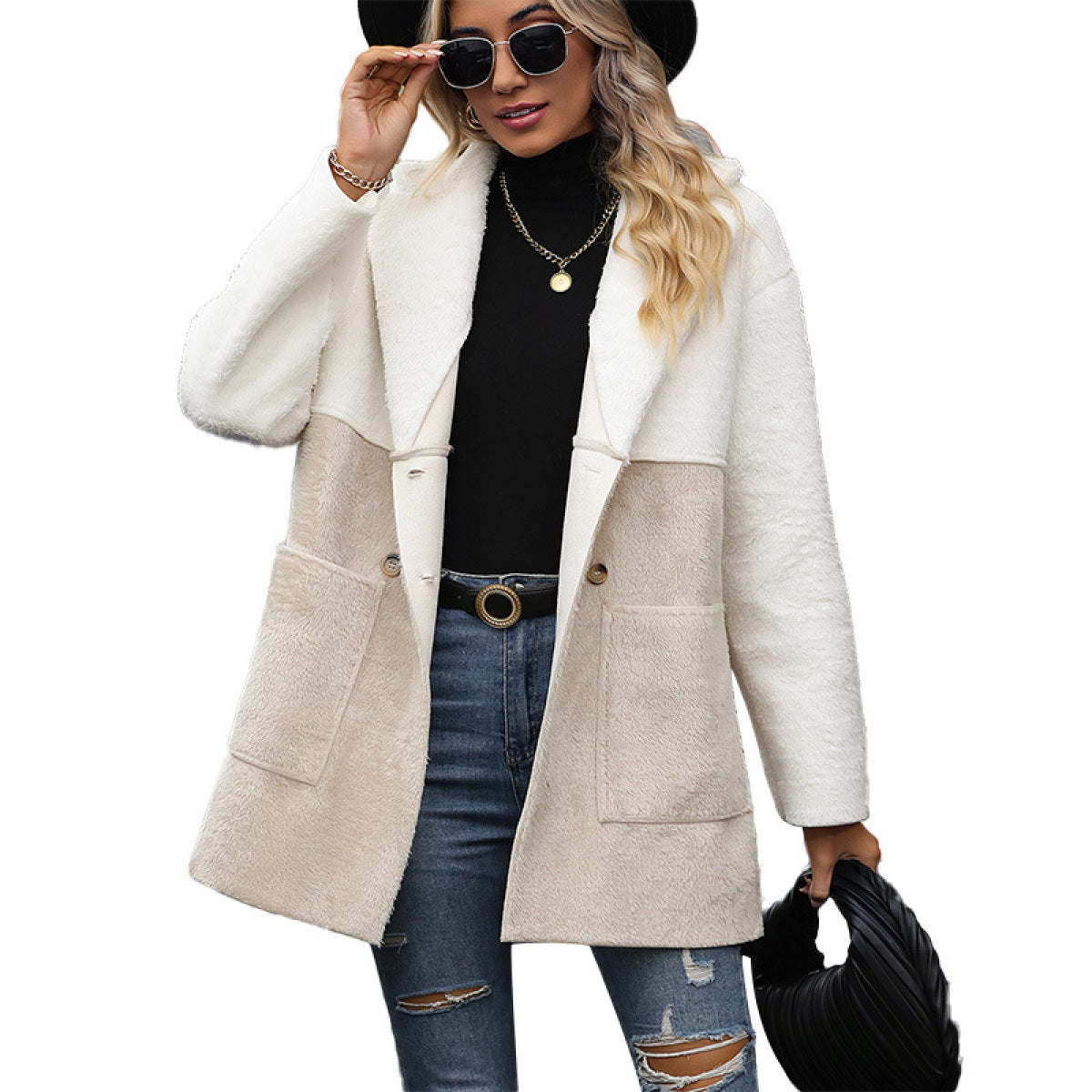 Casual Colorblock Button Down Coat With Pocket