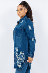 Distressed Button Up Long Sleeve Denim Jacket