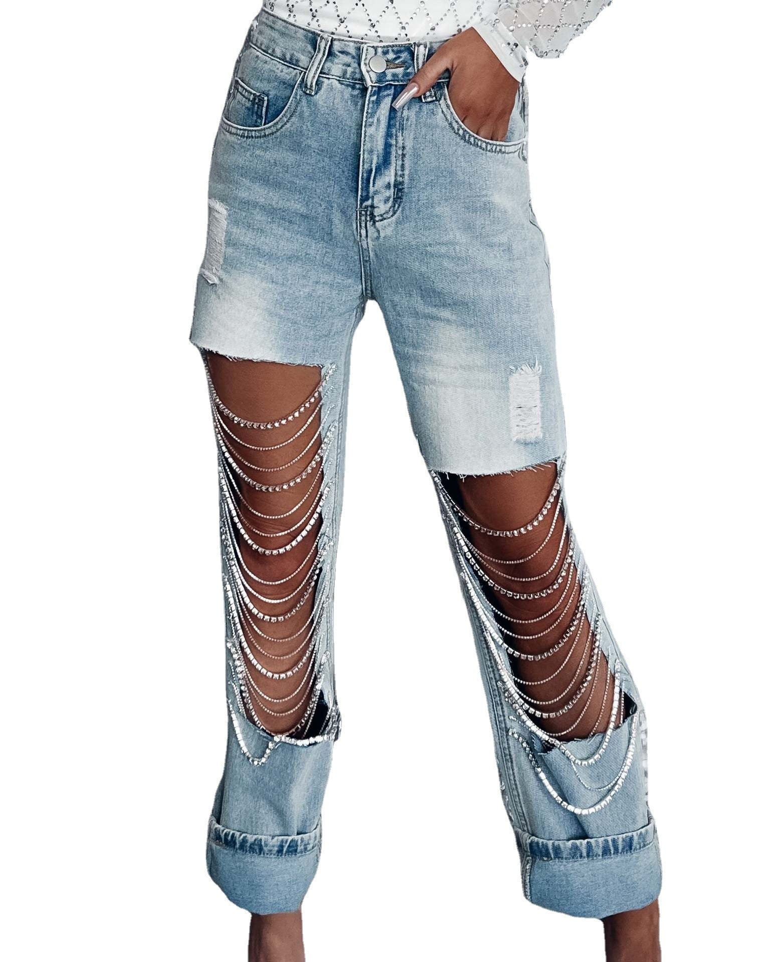 Ripped Chain Ornament Straight-leg Pants