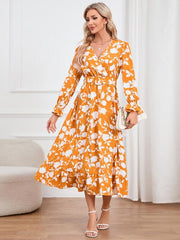 Floral Surplice Flounce Sleeve Ruffle Hem Dress