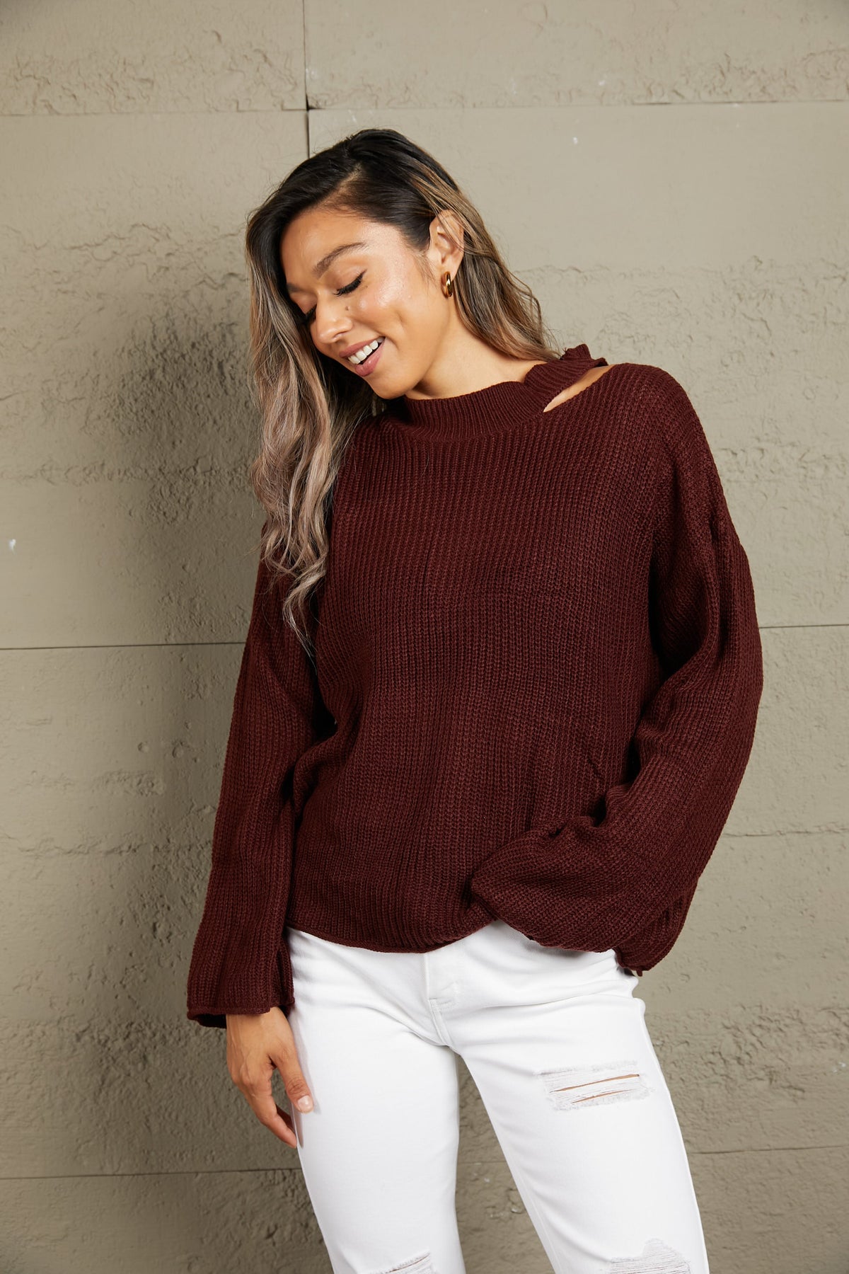 Round Neck Cutout Dropped Shoulder Sweater