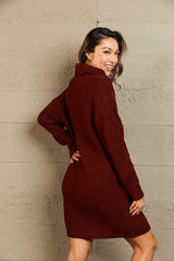 Mixed Knit Cowl Neck Dropped Shoulder Sweater Dress