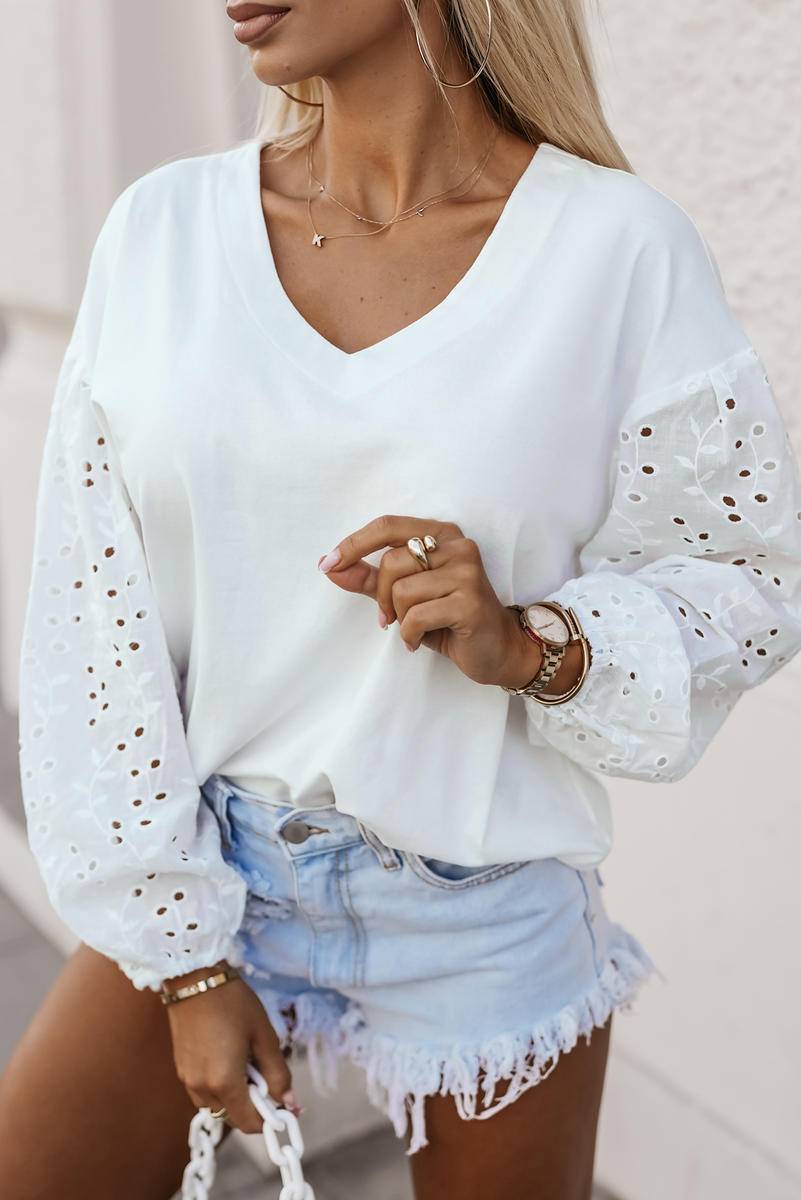 V-Neck Embroidered Splicing Long Sleeve Blouse