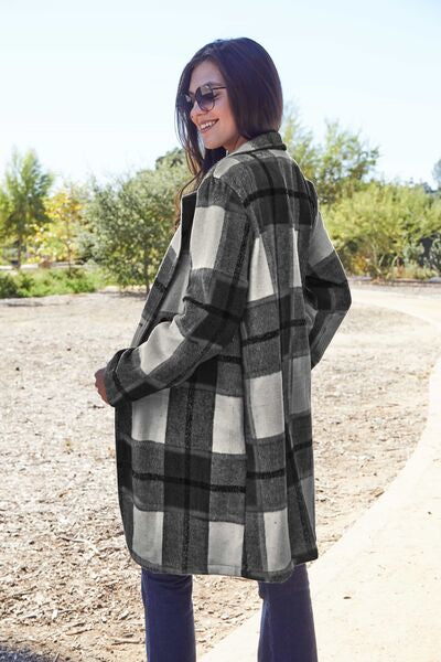 Full Size Plaid Button Up Lapel Collar Coat