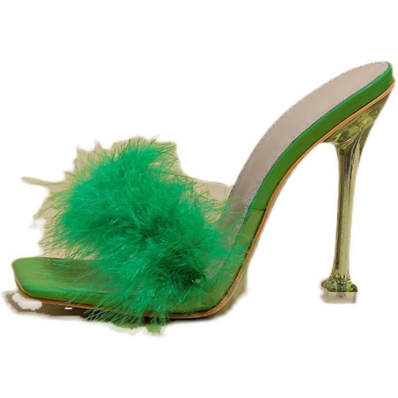 Furry Transparent Broadband Crystal Heels