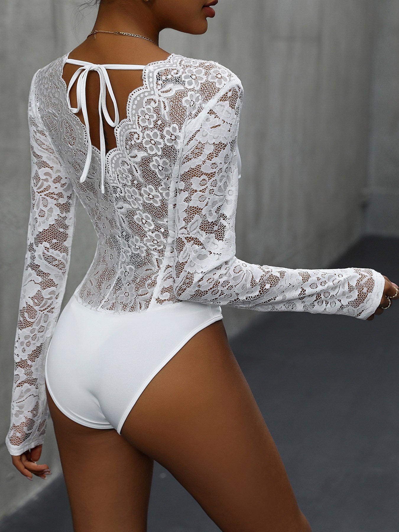 Perfee V-Neck Long Sleeve Lace Bodysuit