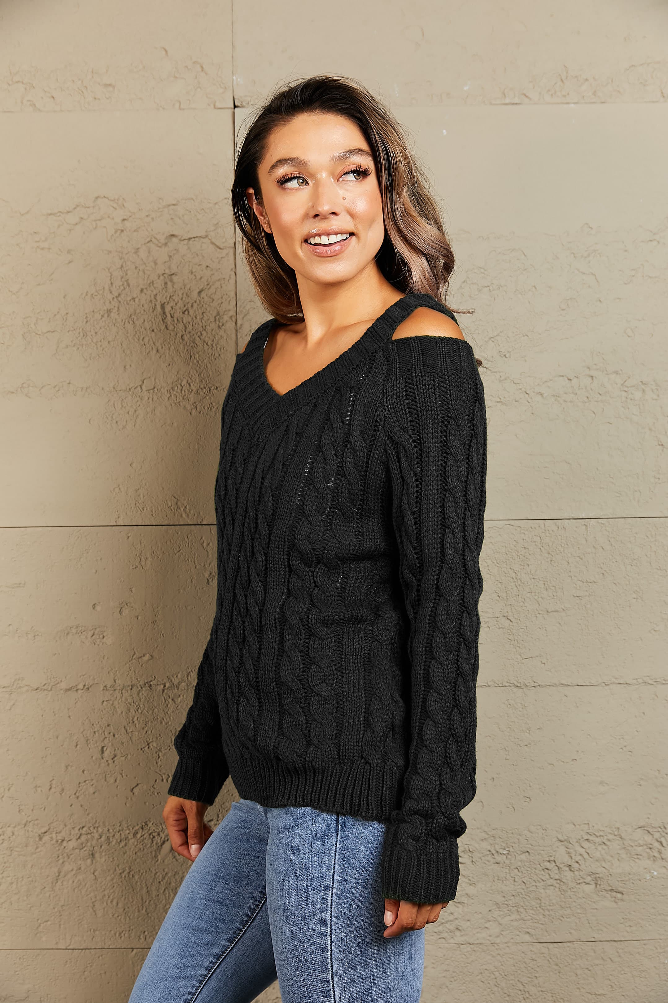 Cable-Knit Cold-Shoulder Long Sleeve Sweater