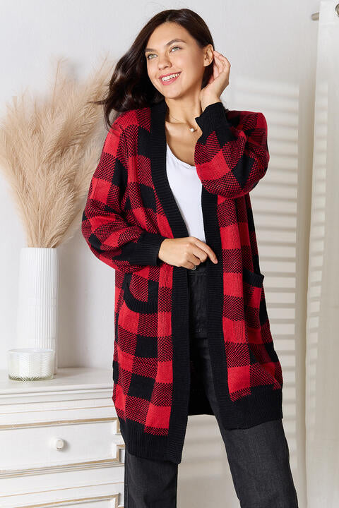 Full Size Plaid Open Front Cardigan with Pockets