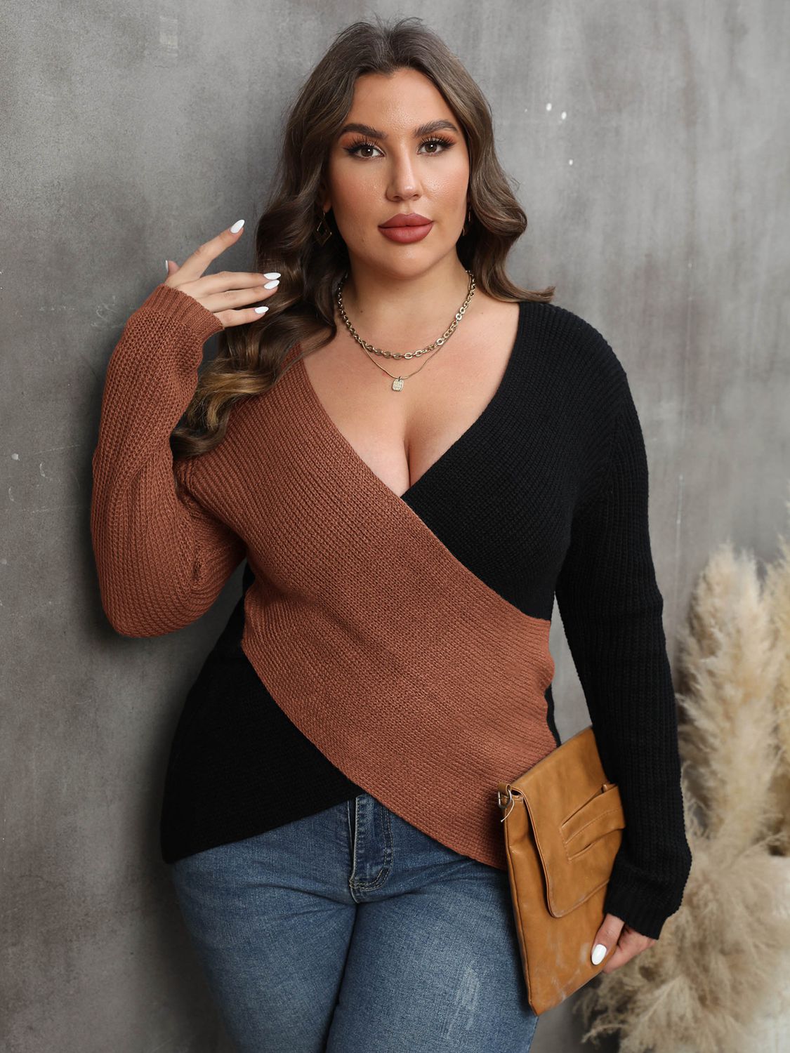 Two-Tone Surplice Neck Sweater