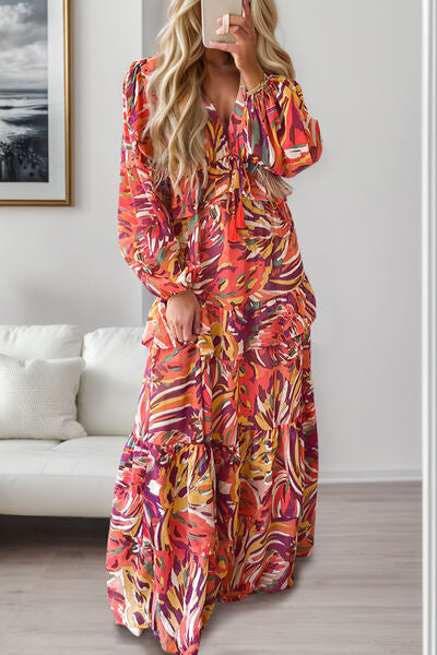 Printed Ruffled V-Neck Tiered Dress