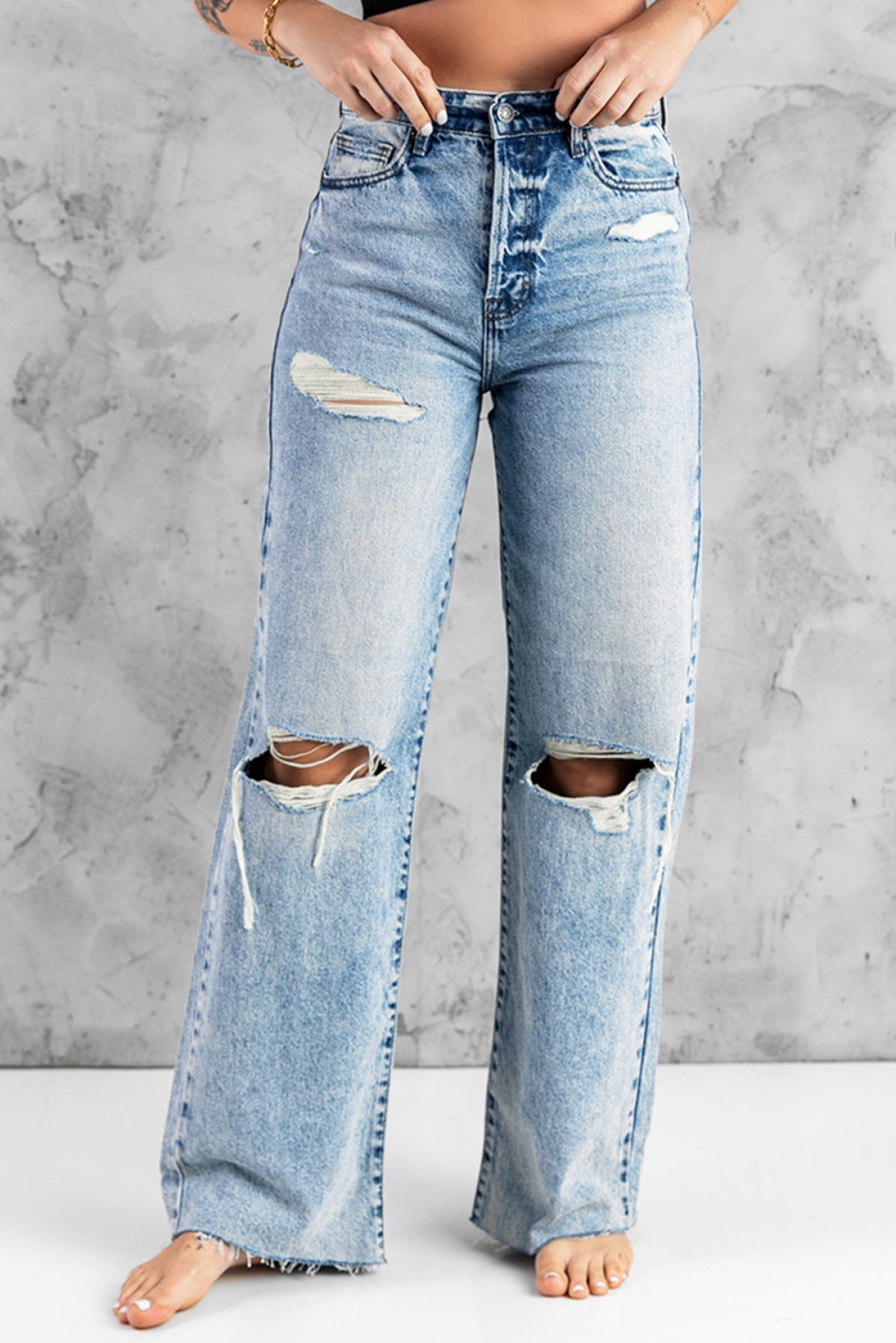 Sky Blue Distressed Hollow-Out Knees Wide Leg Jeans