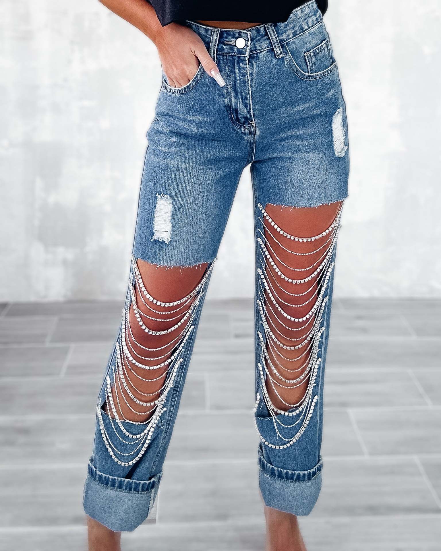 Ripped Chain Ornament Straight-leg Pants