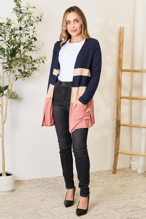 Full Size Color Block Contrast Open Cardigan